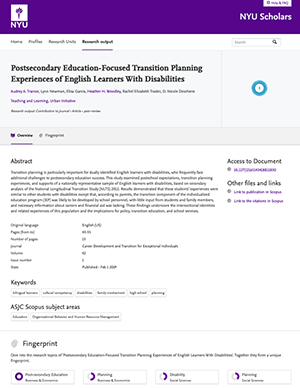 Postsecondary Education-Focused Transition Planning Experiences of English Learners With Disabilities webpage screenshot