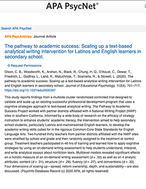 The pathway to academic success: Scaling up a text-based analytical writing intervention for Latinos and English learners in secondary school webpage screenshot